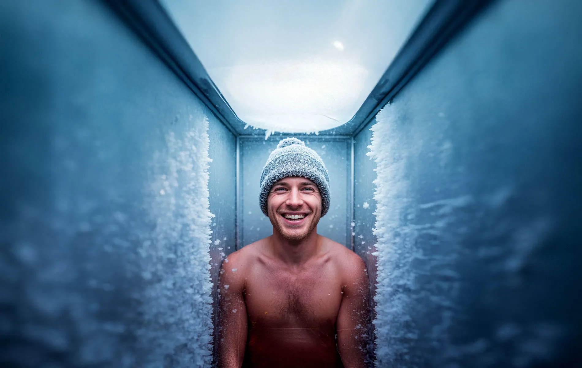 Mann sitzt in einer Kältekammer und trägt eine graue Mütze und hat einen nackten Oberkörper.